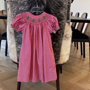 Charming Kids Dress with Green Embroidered Christmas Trees and Smocking